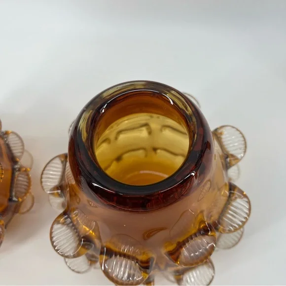 Vintage MCM Set‎ of 2 Amber Glass Vases with Textured Design 7” Tall Heavy
